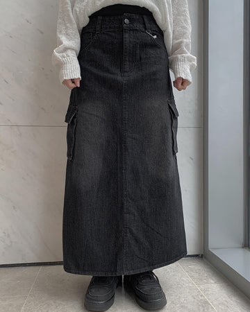 Flak Cargo Black Denim Long Skirt
